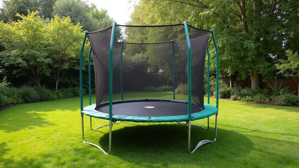 A backyard trampoline with an enclosure in a grassy area surrounded by trees.