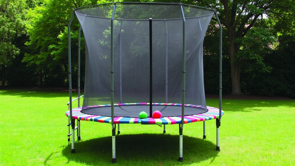 Bright backyard trampoline with safety net, colorful spring pads, and fun play accessories.