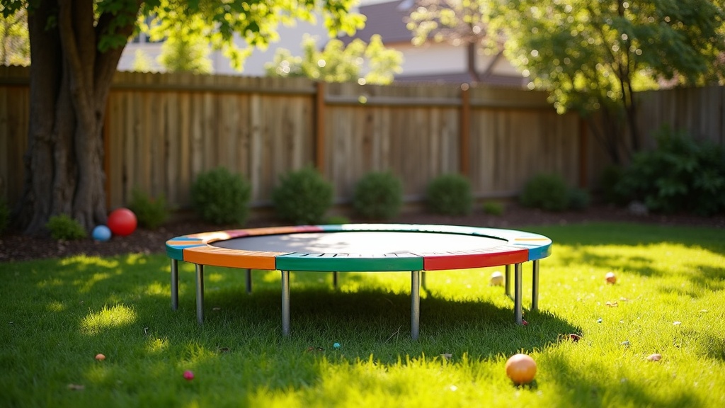 A colorful backyard trampoline surrounded by green grass and trees. Bright sunlight and scattered balls create a playful scene.