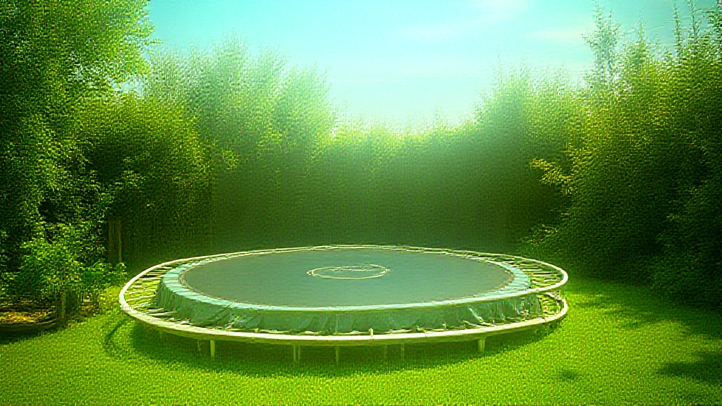 A vibrant backyard trampoline surrounded by lush greenery and fitness gear resting nearby. Bright sunlight and blue sky create a lively, inviting atmosphere for exercise.