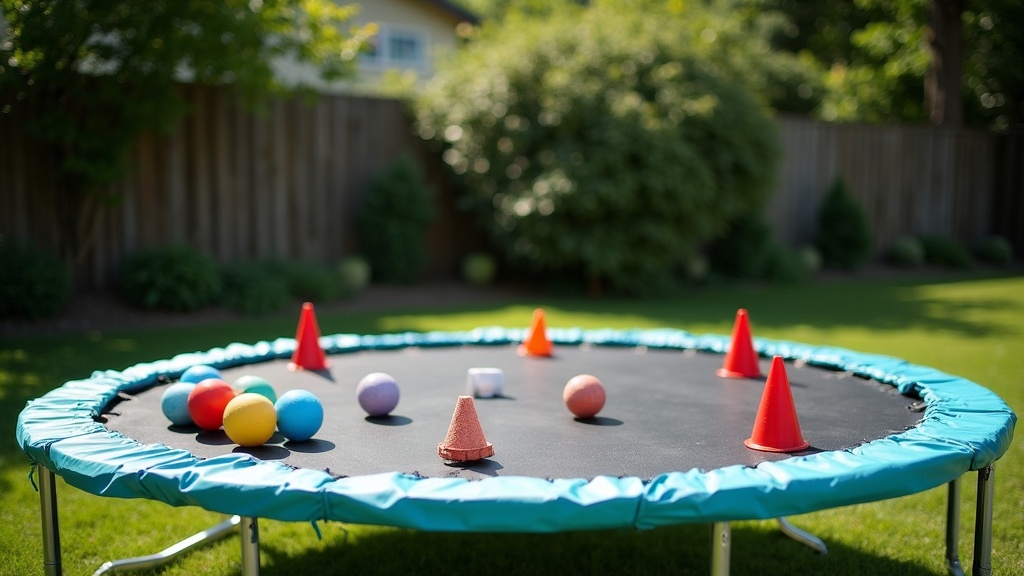 Close-up of a backyard trampoline surrounded by green grass and trees, with colorful balls and soft play equipment scattered across the surface