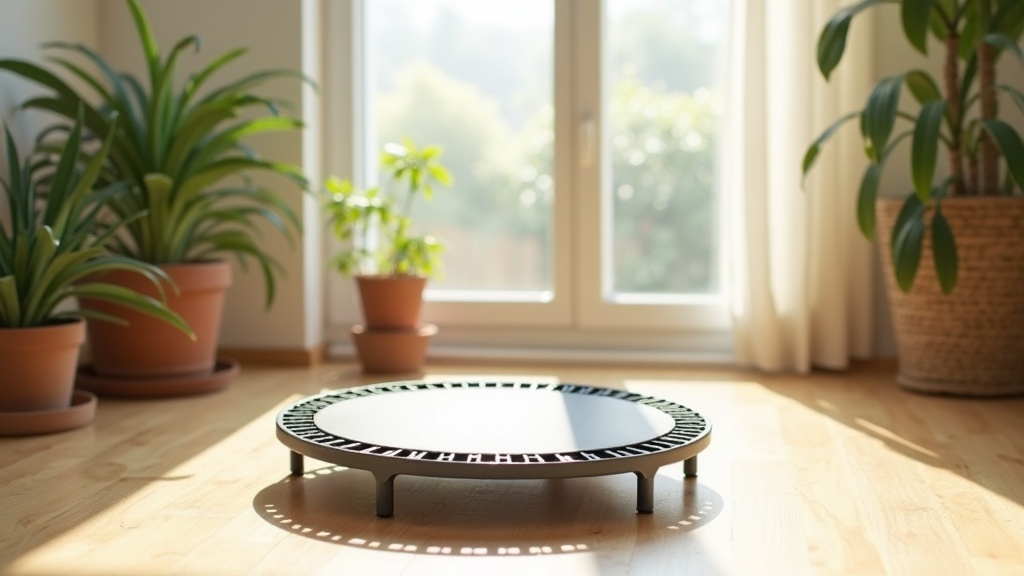 Mini trampoline (rebounder) placed in a sunny living room with green plants and natural light.