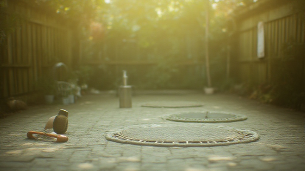 Trampoline in a sunny backyard with exercise gear nearby