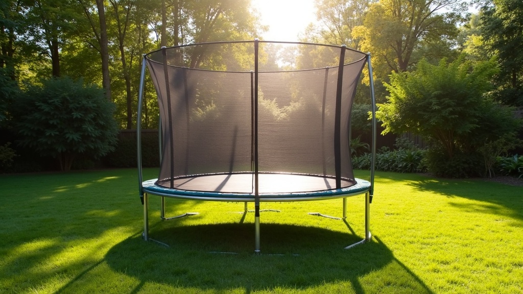 Trampoline with safety enclosure net in a backyard
