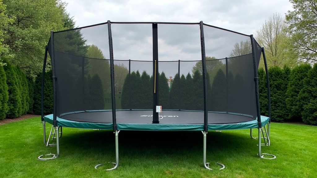 A backyard trampoline secured with anchor kits during a windy day