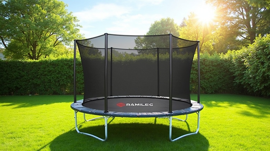 A backyard trampoline with a safety enclosure net surrounded by greenery and sunlight