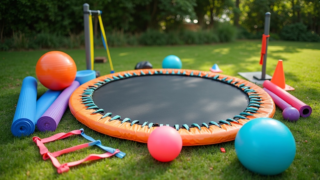 A bright backyard trampoline with colorful accessories scattered around, such as resistance bands, balance balls, and foam mats.