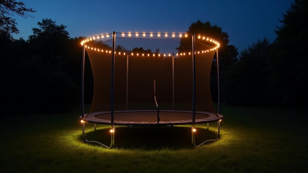 A close-up of a backyard trampoline at dusk, with a ring of glowing LED solar lights wrapped around the enclosure net, surrounded by illuminated grass and soft outdoor lighting.
