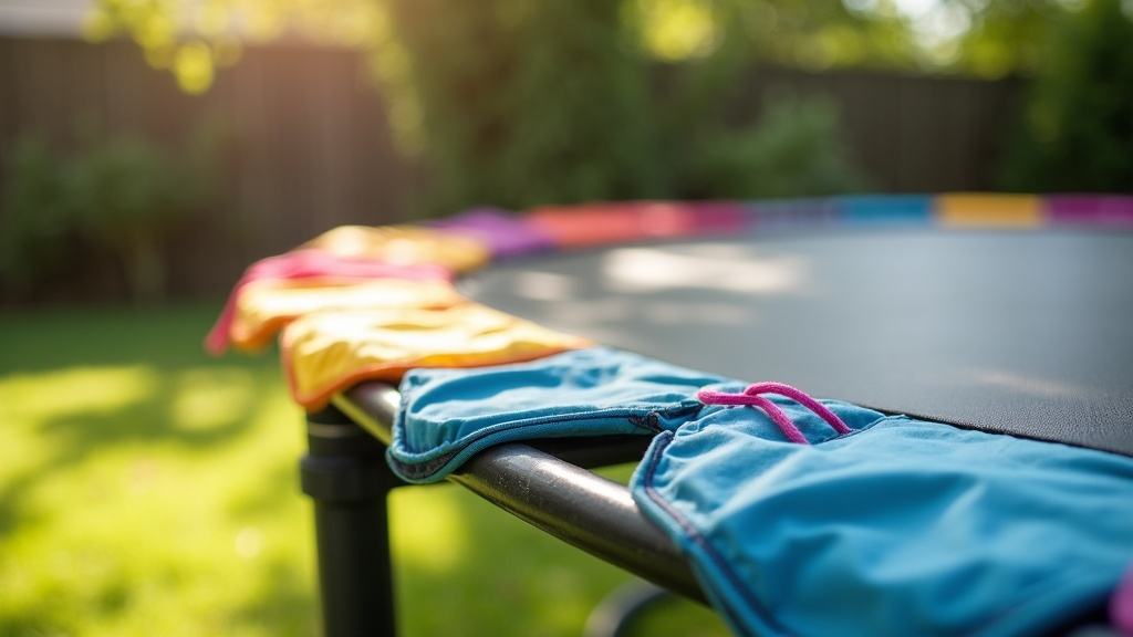 Close-up view of a colorful trampoline safety pad covering springs and frame in a sunny backyard setting.