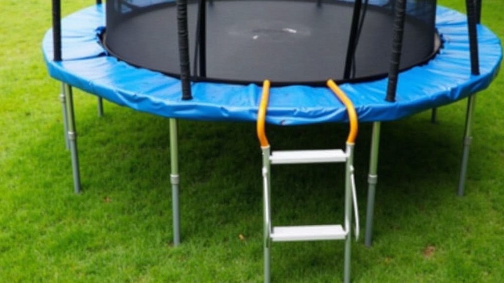 Metal trampoline ladder leaning on a round backyard trampoline, green grass and clear skies