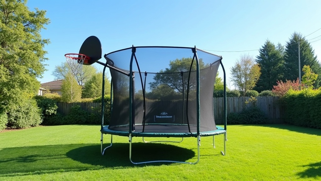 Trampoline with a basketball hoop in a backyard setting, surrounded by greenery and blue sky.