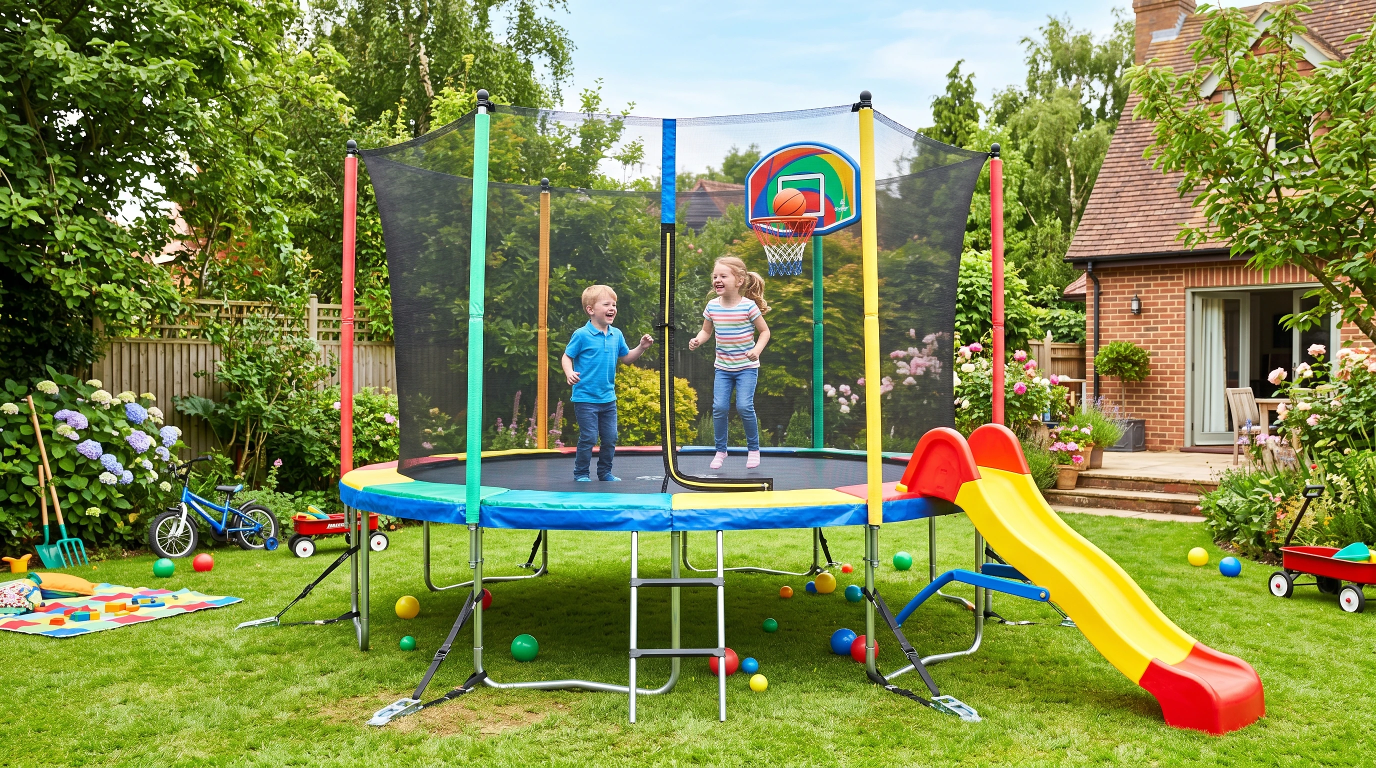 A bright, well-equipped backyard trampoline with colorful accessories and safety gear, shown on a sunny day with grass and trees around.