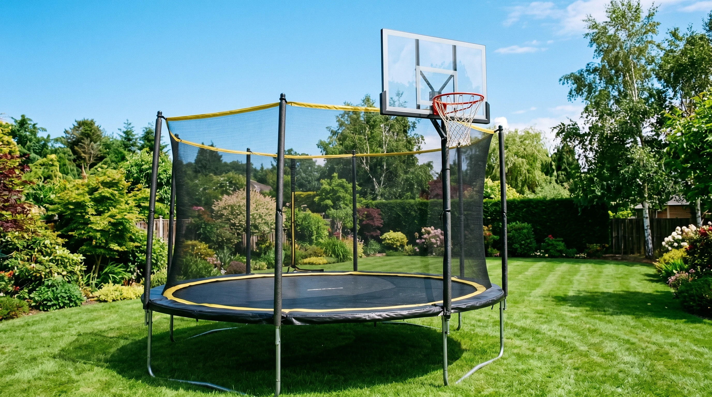 Universal trampoline basketball hoop attached to a backyard trampoline under a blue sky.